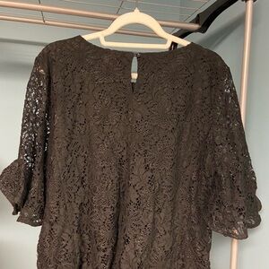 Nanette Lepore Black Floral Lace Blouse with Bell Sleeves - Size L